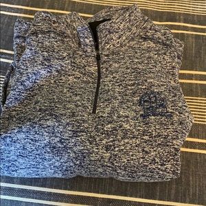 Blue and white sweatshirt.